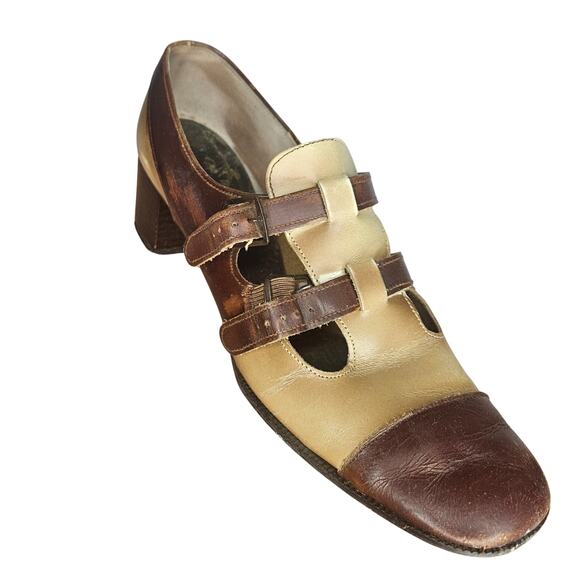 1930s Two-Tone Double-Strap Leather Mary Janes Round Closed Toe Block Heel Shoes - Picture 4 of 9